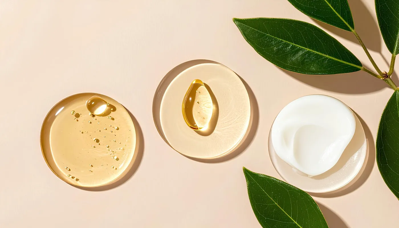 Skincare textures laid out on a soft neutral surface